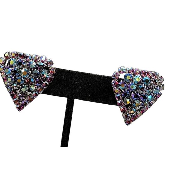 Aurora Borealis Clover Leaf Clip On Earrings Pat Pending Vintage Pave Rhinestone - Picture 7 of 11